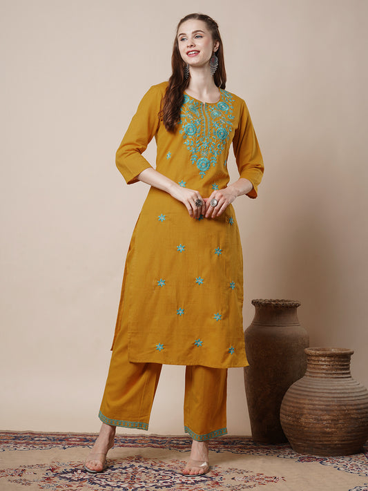 Solid Ethnic Floral Embroidered Straight Fit Co-ord Set - Mustard