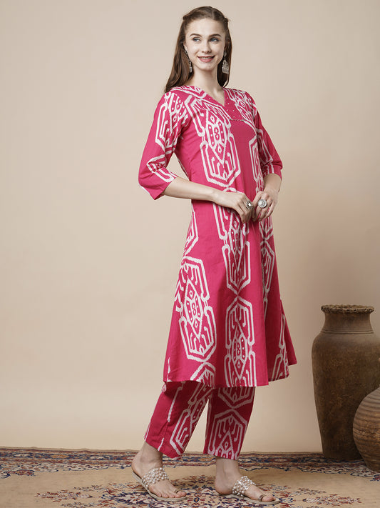 Ethnic Ikat Printed A-Line Flared Co-ord Set - Pink