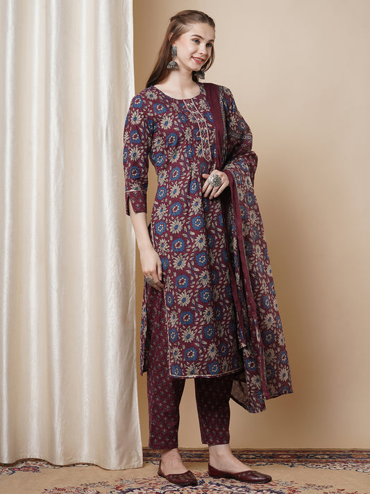 Ethnic Floral Printed & Embroidered Straight Fit Kurta with Pant and Pure Cotton Dupatta - Burgundy