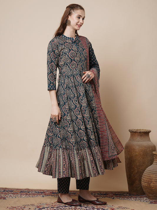 Ethnic Ajrakh Printed Anarkali Flared Kurta with Pant and Pure Cotton Dupatta - Teal Blue