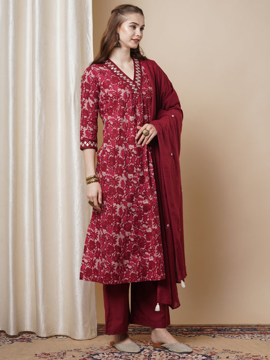 Floral Printed & Mirror Embroidered A-Line Kurta with Palazzo & Dupatta - Maroon