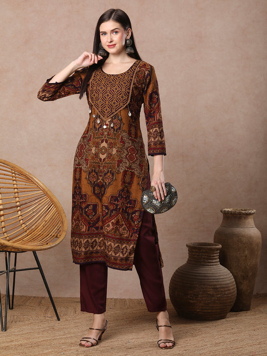 Ethnic Floral Printed & Cross Stitch Embroidered Straight Fit Kurta - Mustard