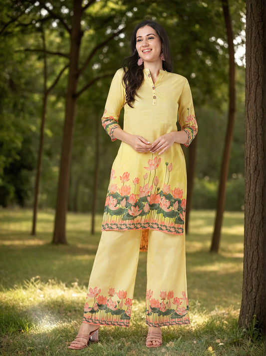 Solid Lotus Printed Straight Fit Co-ord Set - Yellow