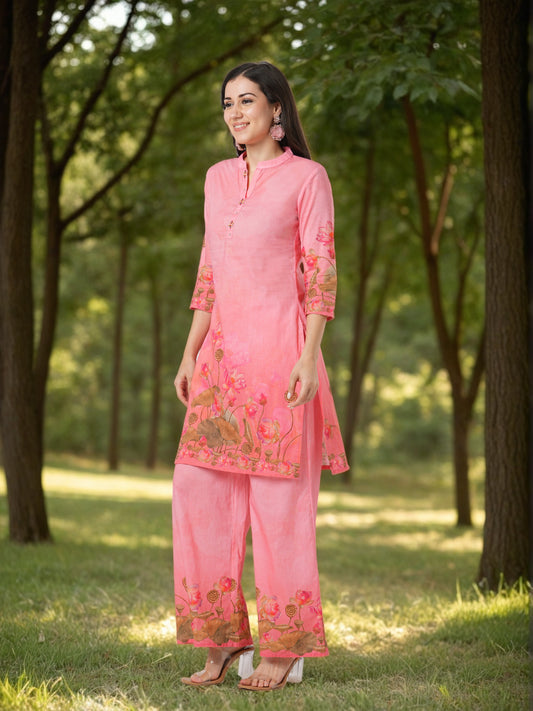 Solid Lotus Printed Straight Fit Co-ord Set - Pink