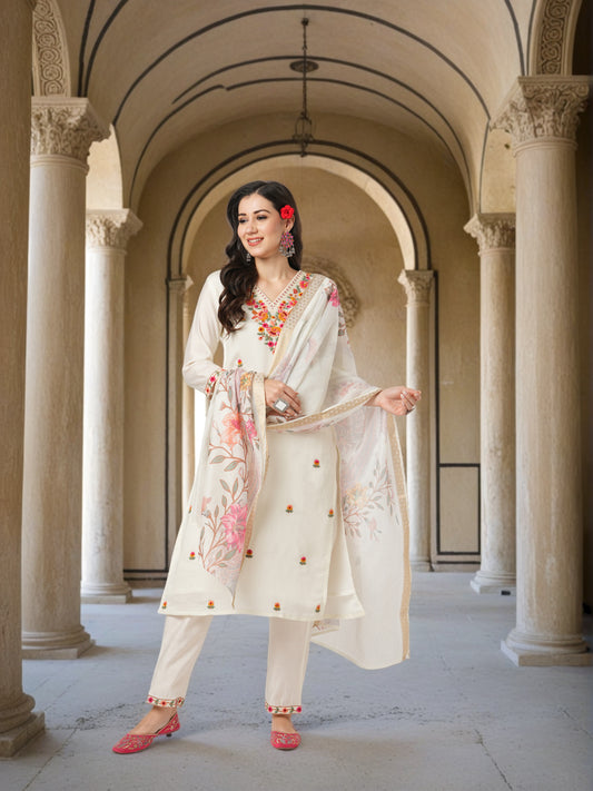 Floral Printed & Hand Embroidered Straight Kurta with Pant & Dupatta - White