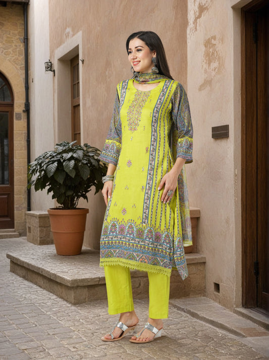 Ethnic Printed & Embroidered Straight Kurta with Palazzo & Printed Dupatta - Mustard Green