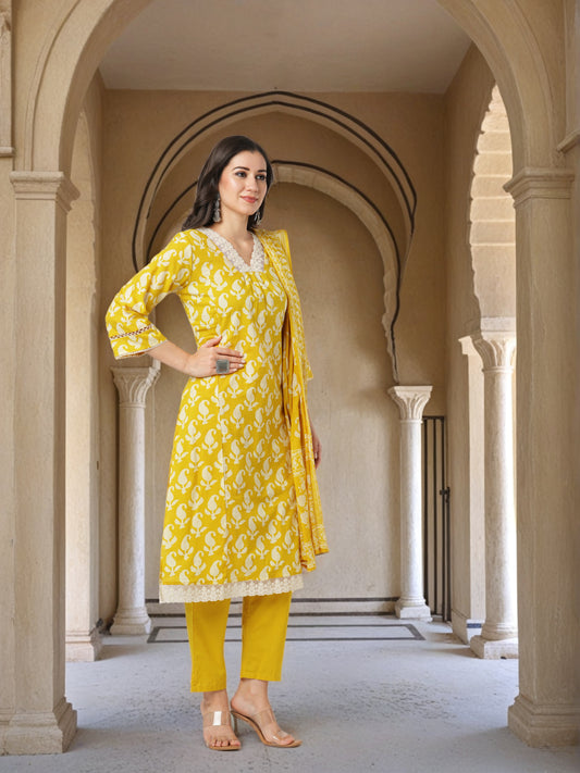 Floral Printed & Embroidered Straight Cut Kurta with Pant & Dupatta - Yellow