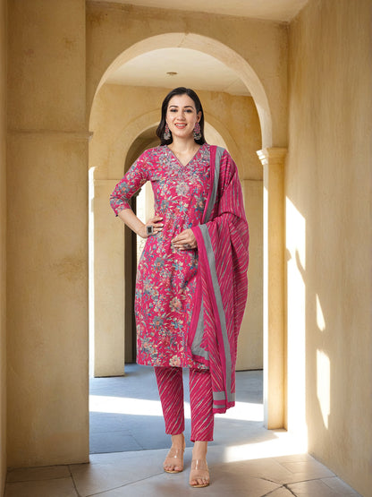Ethnic Printed & Resham Embroidered Straight Kurta with Pant with Dupatta - Pink