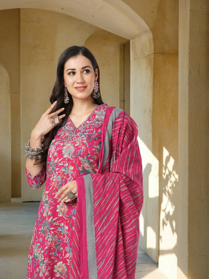 Ethnic Printed & Resham Embroidered Straight Kurta with Pant with Dupatta - Pink