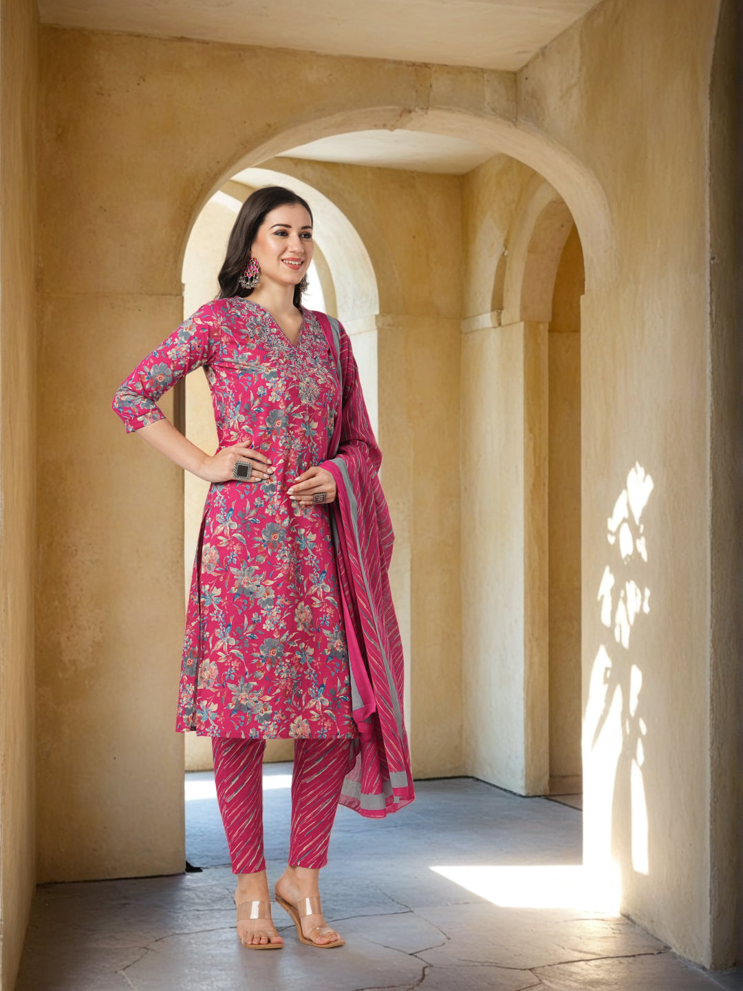 Ethnic Printed & Resham Embroidered Straight Kurta with Pant with Dupatta - Pink