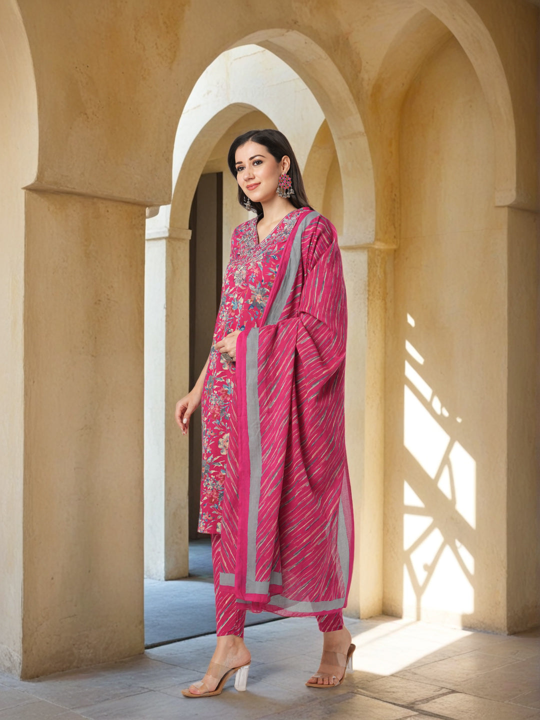 Ethnic Printed & Resham Embroidered Straight Kurta with Pant with Dupatta - Pink