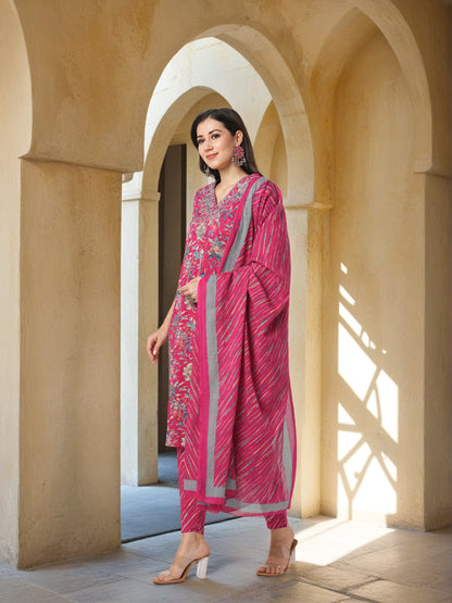 Ethnic Printed & Resham Embroidered Straight Kurta with Pant with Dupatta - Pink