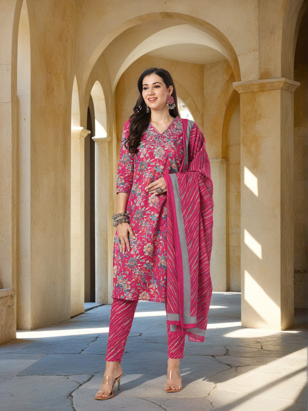 Ethnic Printed & Resham Embroidered Straight Kurta with Pant with Dupatta - Pink
