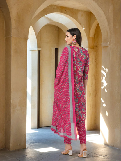 Ethnic Printed & Resham Embroidered Straight Kurta with Pant with Dupatta - Pink