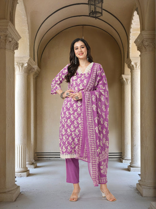 Floral Printed & Embroidered Straight Cut Kurta with Pant & Dupatta - Purple