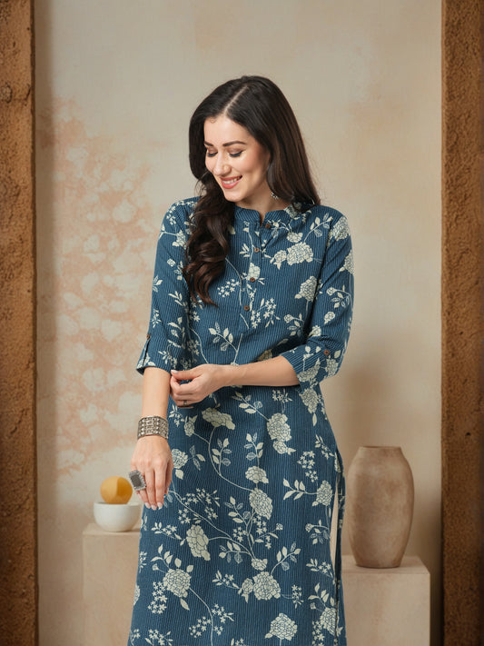 Floral Printed & Kantha Woven Straight Fit Kurta - Blue