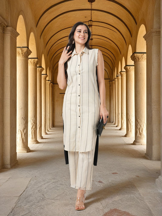 Solid Striped Woven Straight Fit Cotton Flax Co-ord Set - Off White