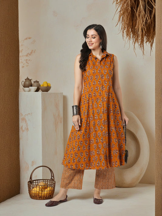 Floral & Stripes Printed A-Line Paneled Kurta with Palazzo - Mustard
