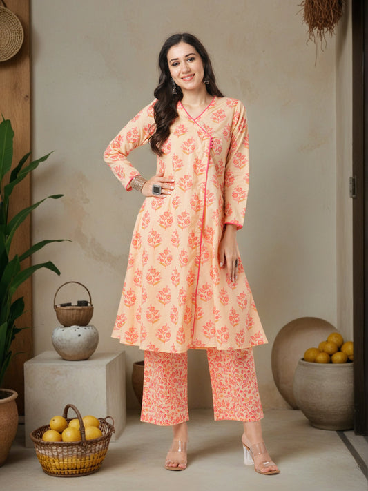 Ethnic Floral Printed A-Line Angrakha Kurta with Palazzo - Peach