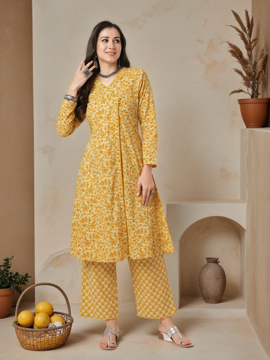 Ethnic Floral Printed A-Line Angrakha Kurta with Palazzo - Yellow