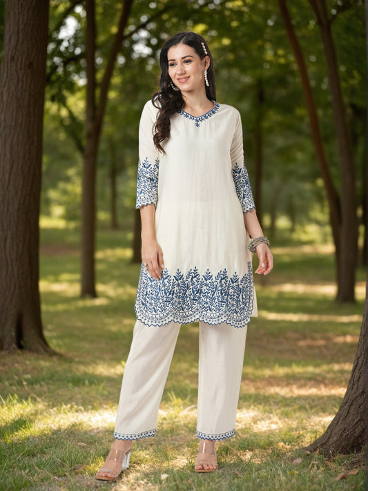 Solid Floral Resham Embroidered Chanderi A-Line Co-ord Set - Off White