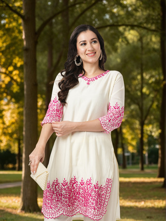 Solid Floral Resham Embroidered Chanderi A-Line Co-ord Set - Off White