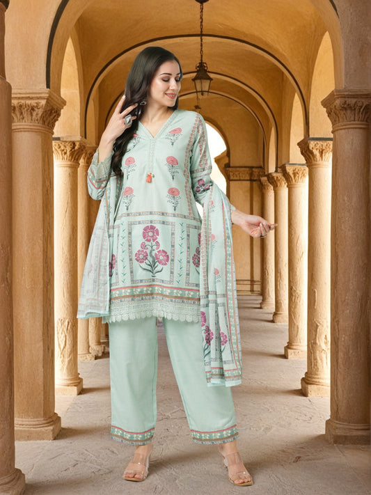 Ethnic Floral Printed Straight Fit Kurta with Pant and Dupatta - Mint Green