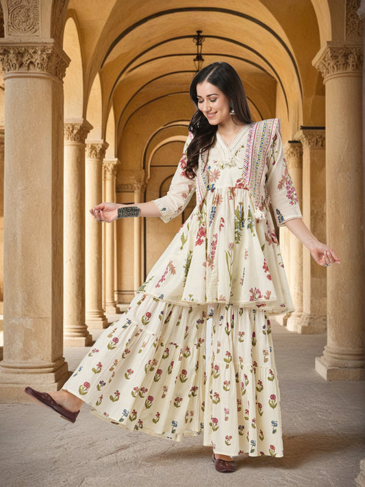 Quirky Floral Printed Cotton Anarkali Sharara Set - Off White