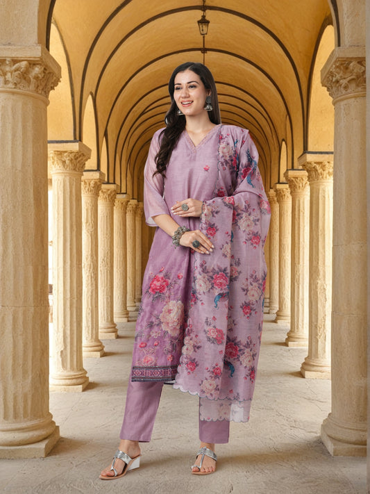 Solid Peacock Printed & Hand Embroidered Straight Fit Kurta Set - Lavender