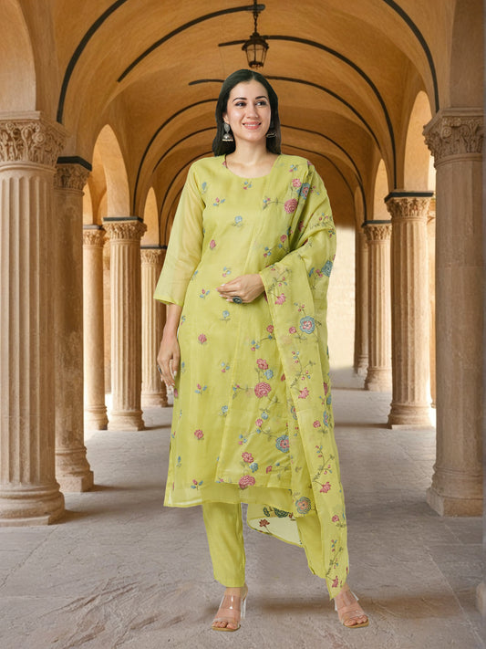 Solid Floral Embroidered Straight Kurta with Pant & Dupatta - Green