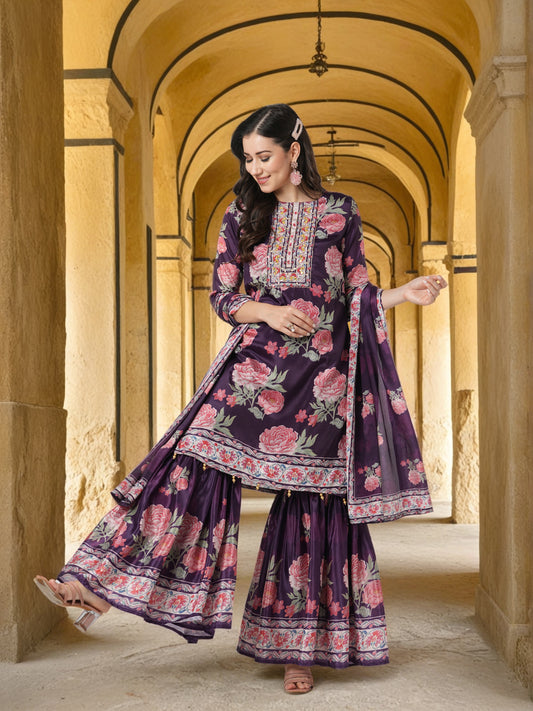 Floral Printed & Hand Embroidered Straight Kurta with Sharara with Dupatta - Purple