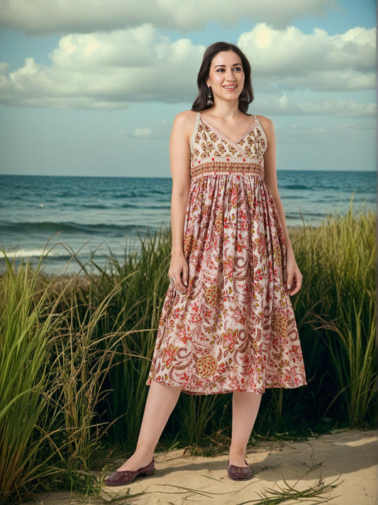 Ethnic Floral Printed & Embroidered A-Line Pleated Fit & Flare Midi Dress - Multi