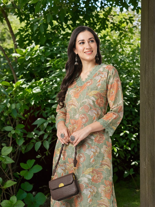 Abstract Floral Printed Straight Fit Kurta - Green