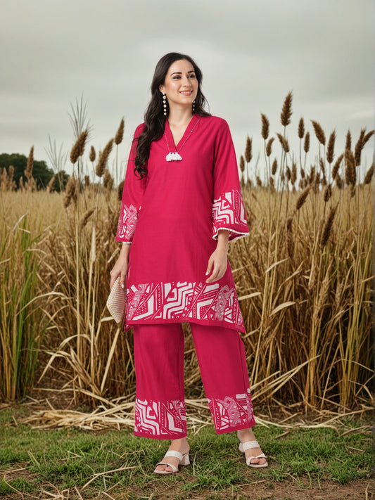 Abstract Floral Printed A-Line Kurta with Palazzo - Pink