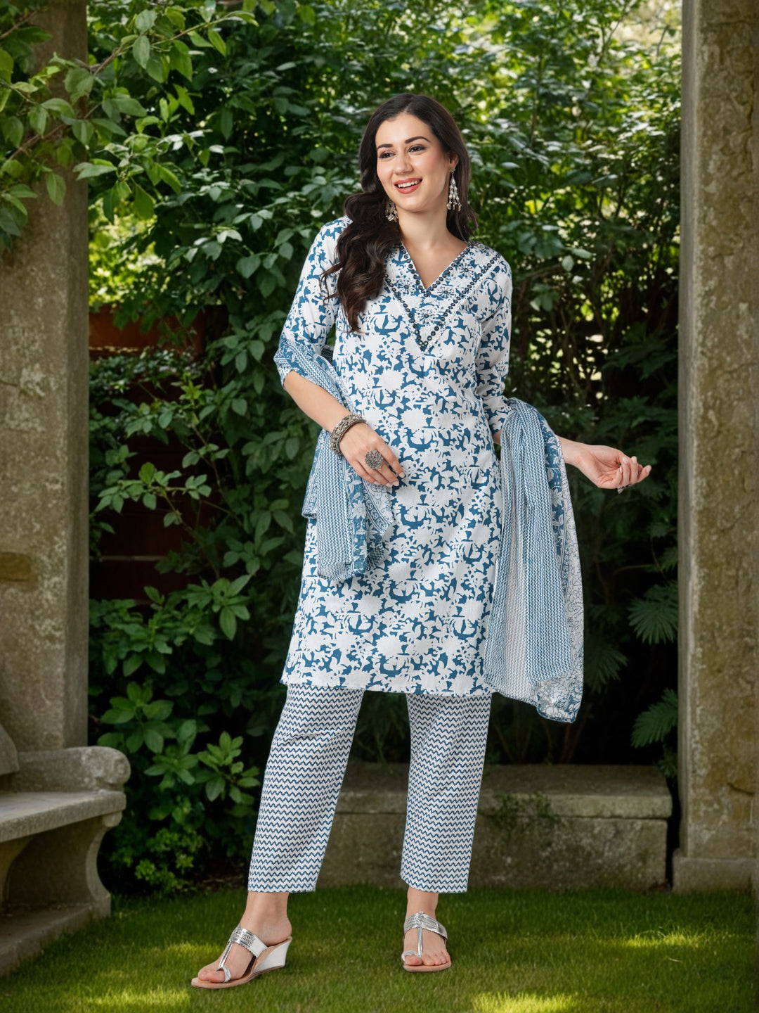 Floral & Chevron Printed & Embroidered Straight Kurta with Pant & Dupatta - Teal Green