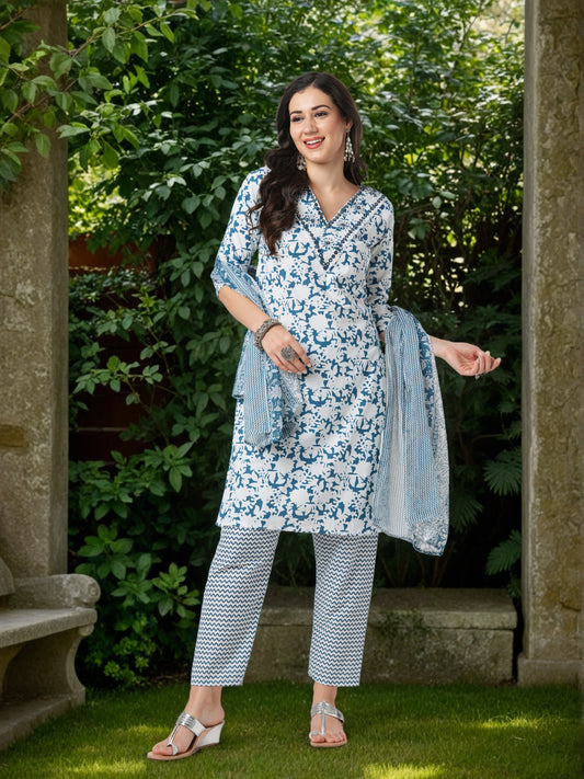 Floral & Chevron Printed & Embroidered Straight Kurta with Pant & Dupatta - Teal Green