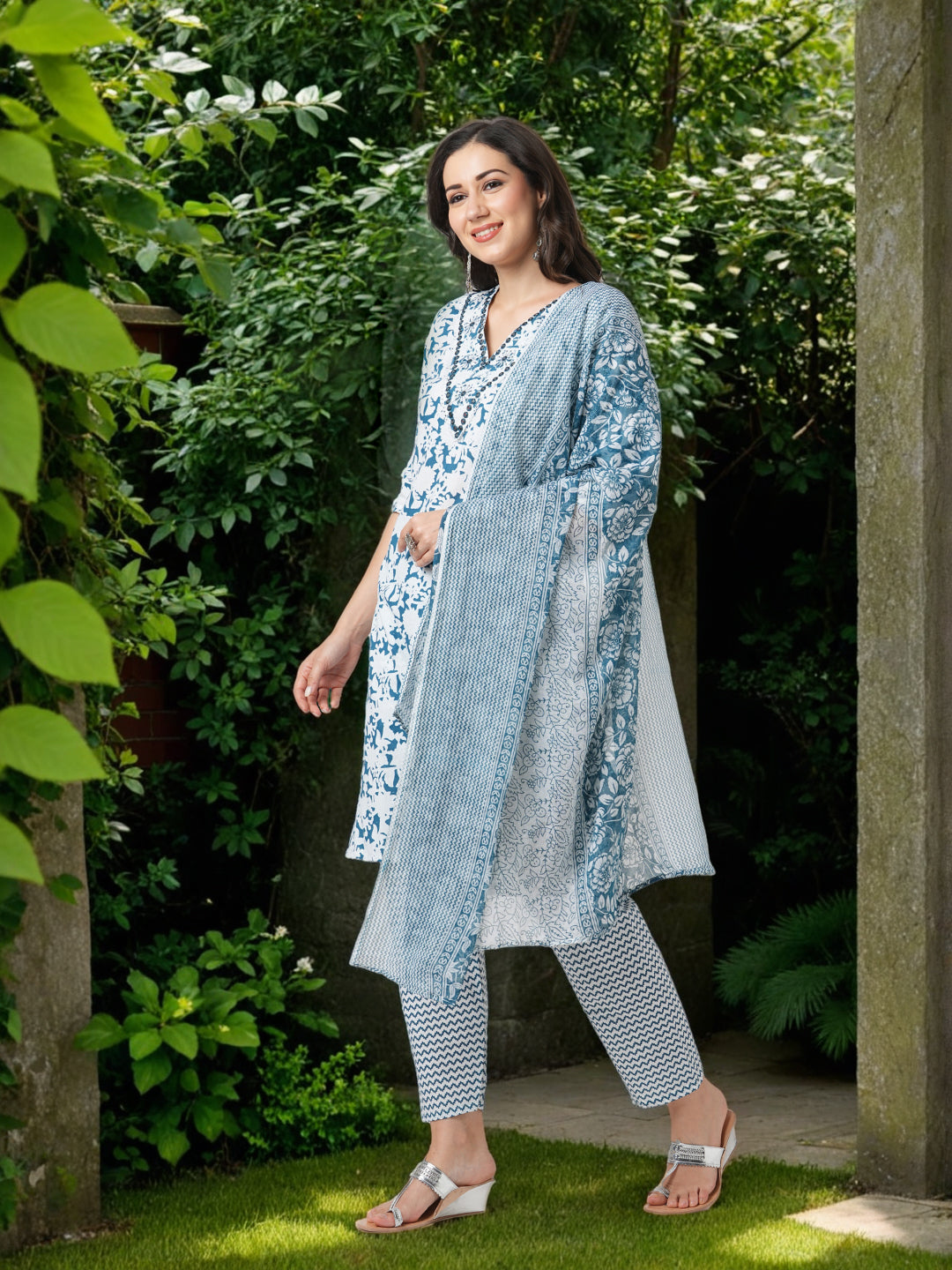 Floral & Chevron Printed & Embroidered Straight Kurta with Pant & Dupatta - Teal Green