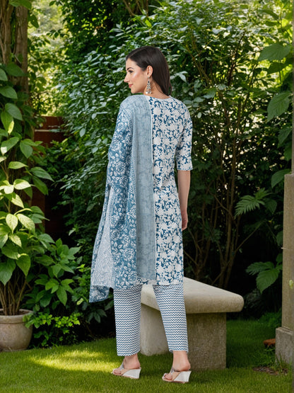 Floral & Chevron Printed & Embroidered Straight Kurta with Pant & Dupatta - Teal Green