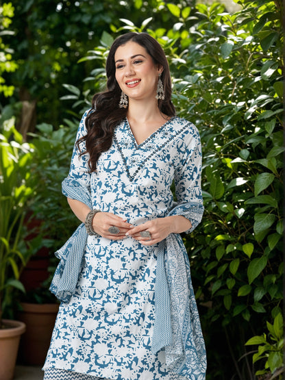 Floral & Chevron Printed & Embroidered Straight Kurta with Pant & Dupatta - Teal Green