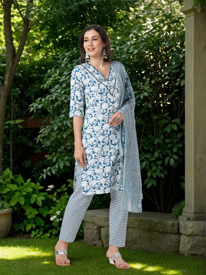 Floral & Chevron Printed & Embroidered Straight Kurta with Pant & Dupatta - Teal Green