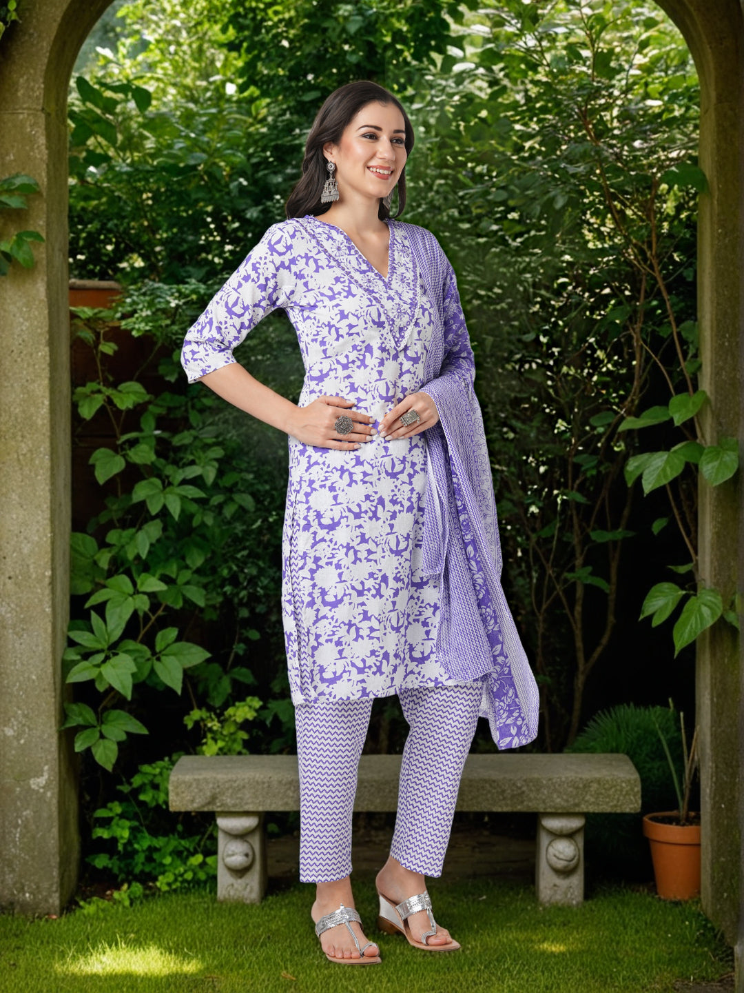 Floral & Chevron Printed & Embroidered Straight Kurta with Pant & Dupatta - Purple