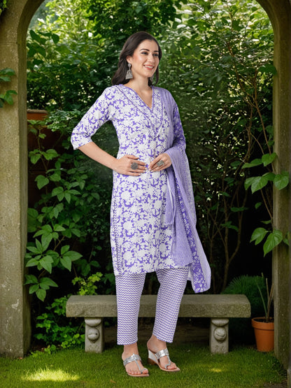 Floral & Chevron Printed & Embroidered Straight Kurta with Pant & Dupatta - Purple