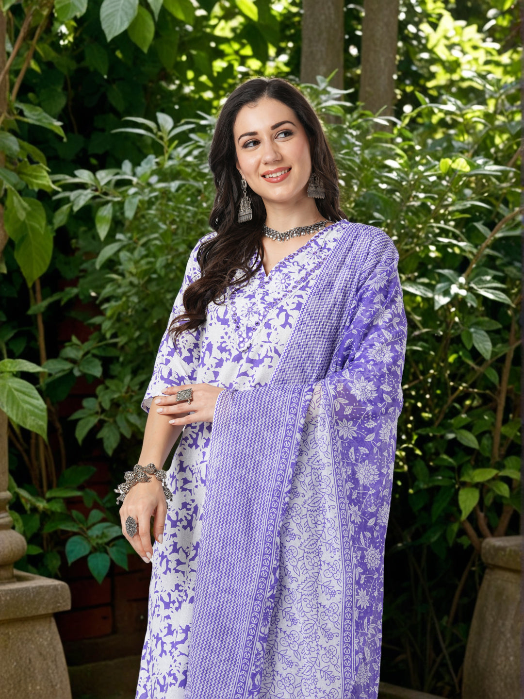 Floral & Chevron Printed & Embroidered Straight Kurta with Pant & Dupatta - Purple