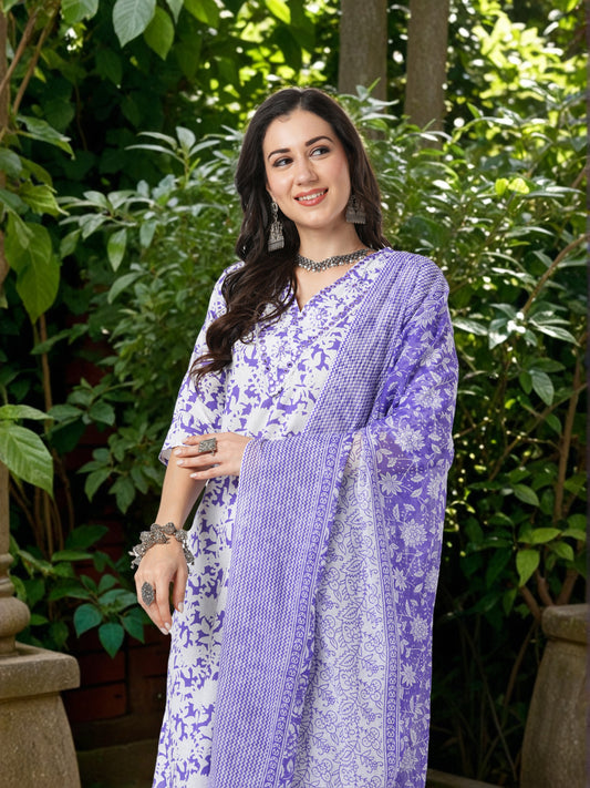 Floral & Chevron Printed & Embroidered Straight Kurta with Pant & Dupatta - Purple