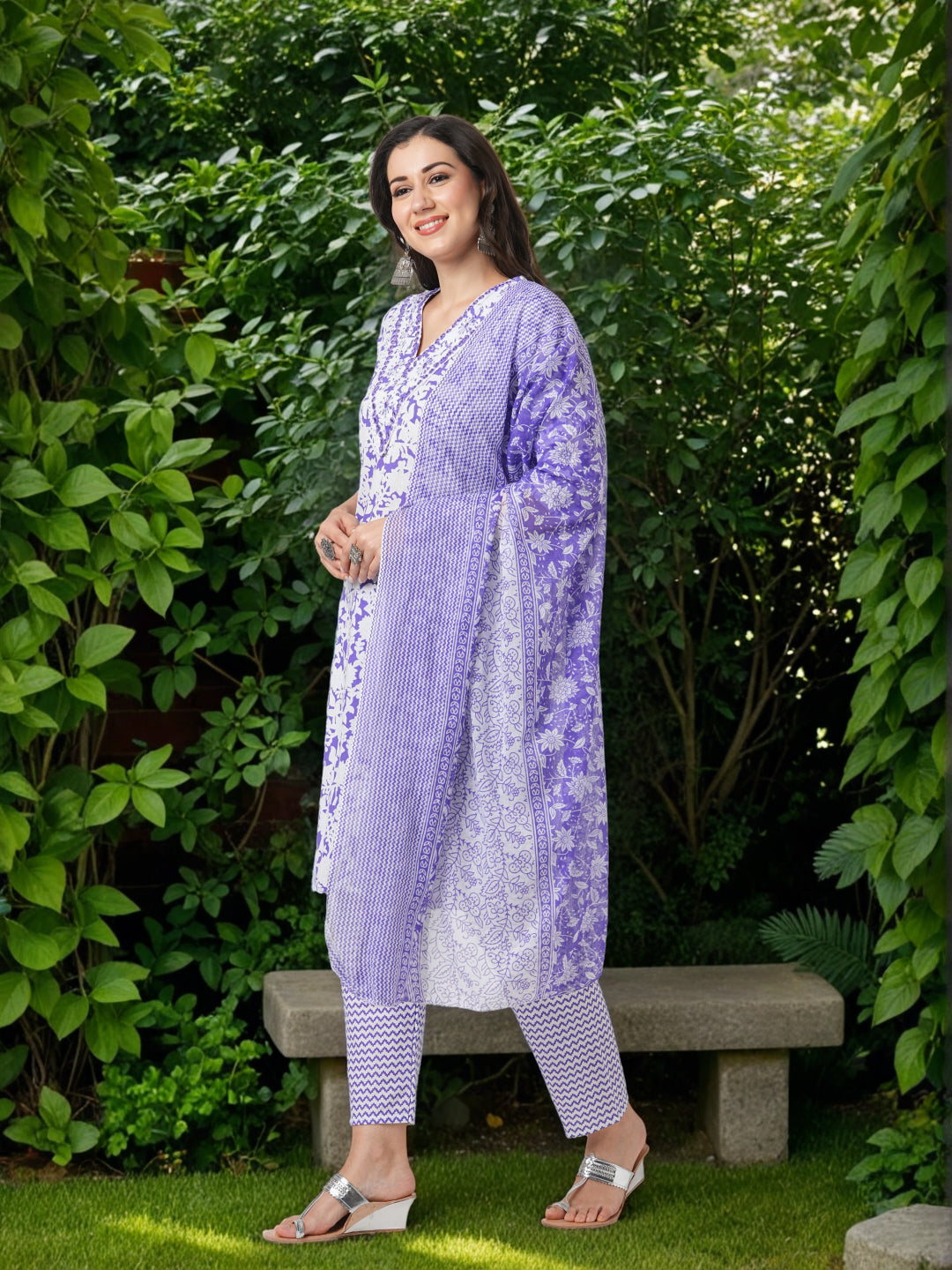 Floral & Chevron Printed & Embroidered Straight Kurta with Pant & Dupatta - Purple