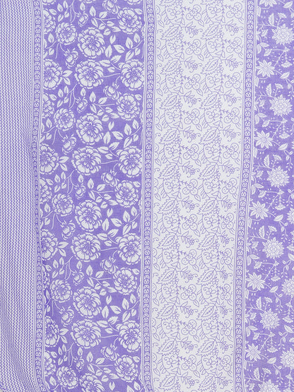 Floral & Chevron Printed & Embroidered Straight Kurta with Pant & Dupatta - Purple