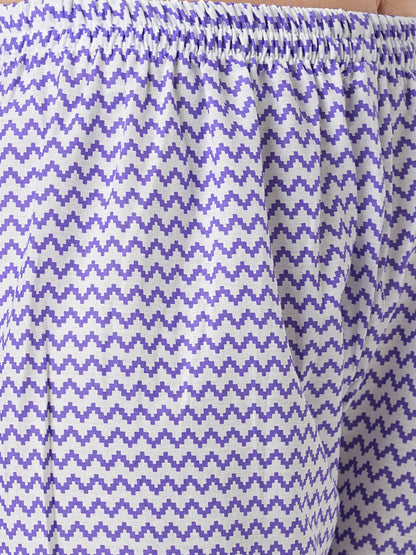 Floral & Chevron Printed & Embroidered Straight Kurta with Pant & Dupatta - Purple