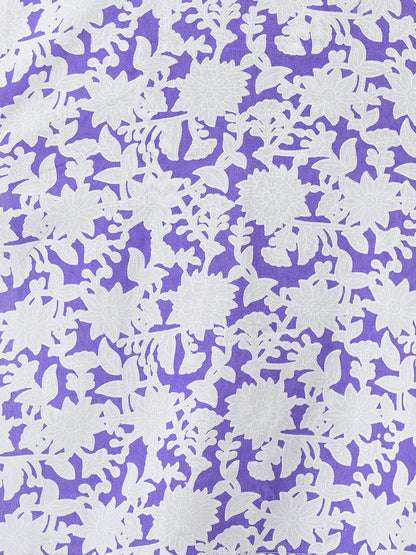 Floral & Chevron Printed & Embroidered Straight Kurta with Pant & Dupatta - Purple