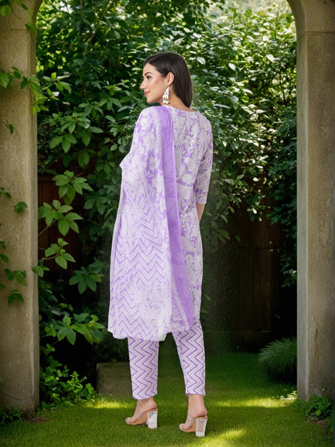 Floral & Chevron Printed & Embroidered Straight Kurta with Pant & Dupatta - Purple