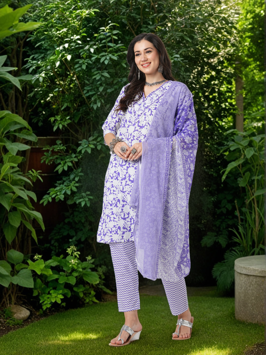 Floral & Chevron Printed & Embroidered Straight Kurta with Pant & Dupatta - Purple